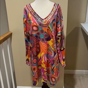 India Boutique Mod Print Sequin Trim Tunic Top OS EUC